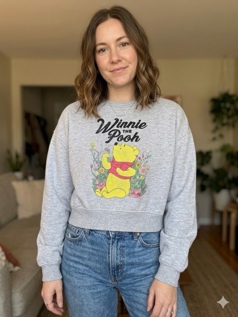 Disney Gray Winnie the Pooh Cropped Sweatshirt